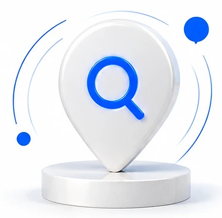 White 3D map pin with a blue search icon on a round pedestal