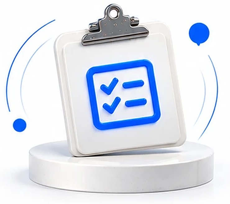 White 3D clipboard with a blue checklist icon on a round pedestal